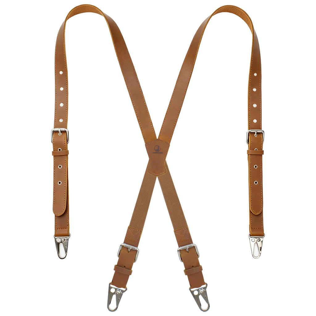 Genuine Leather X-Shaped Suspenders for Men, Solid 1 Inch Adjustable Heavy Duty Suspenders with Sturdy Clips
