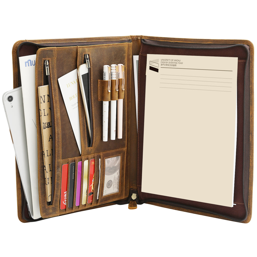 Leather Portfolio Organizer with Zipper for Men Women, Leather Padfolio Business Resume Legal Pad Portfolio Notebook Binder for A4/Pad