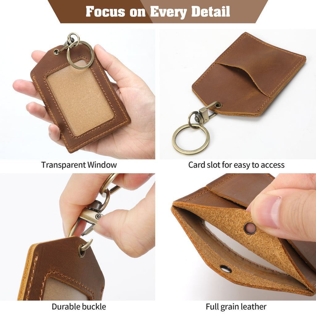 Genuine Leather Badge Holder, Detachable Keychain Lanyards for ID Badges for Easy Access, Vertical ID Badge Holder for Nurse Officer Teacher Security Staff Women Men