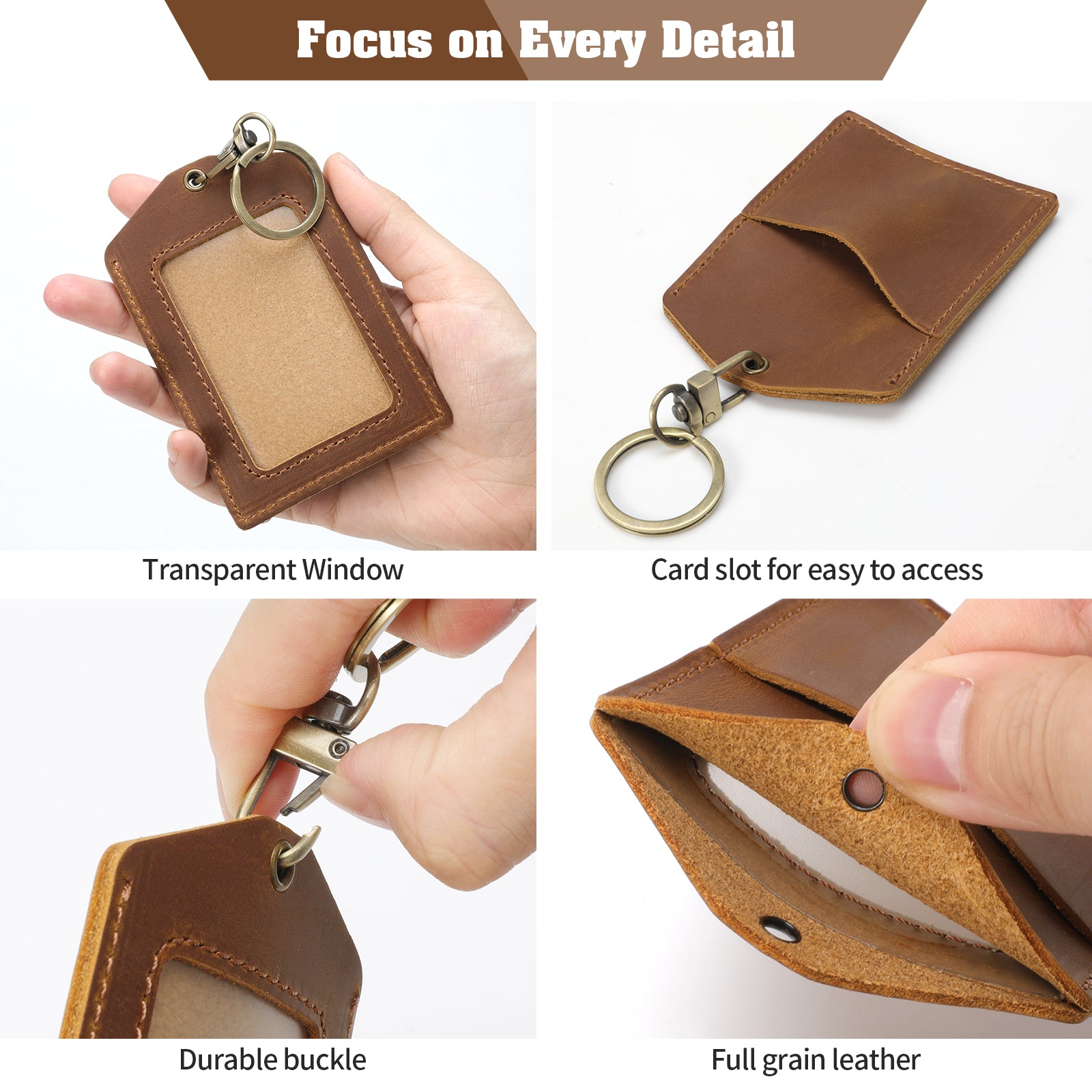 Genuine Leather Badge Holder, Detachable Keychain Lanyards for ID Badges for Easy Access, Vertical ID Badge Holder for Nurse Officer Teacher Security Staff Women Men
