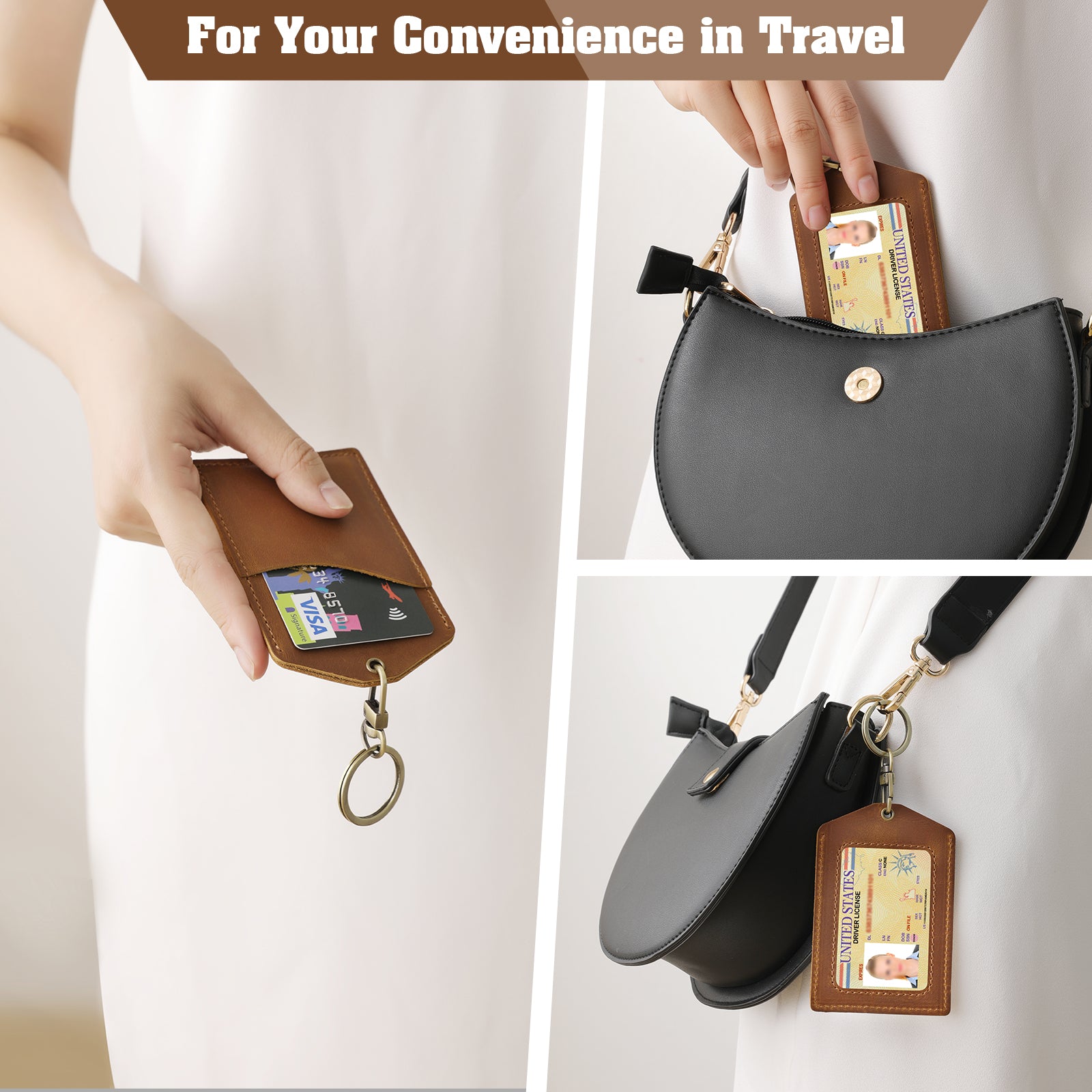 Genuine Leather Badge Holder, Detachable Keychain Lanyards for ID Badges for Easy Access, Vertical ID Badge Holder for Nurse Officer Teacher Security Staff Women Men