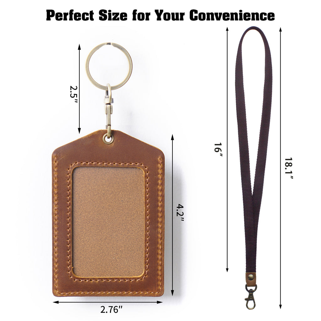 Genuine Leather Badge Holder, Detachable Keychain Lanyards for ID Badges for Easy Access, Vertical ID Badge Holder for Nurse Officer Teacher Security Staff Women Men