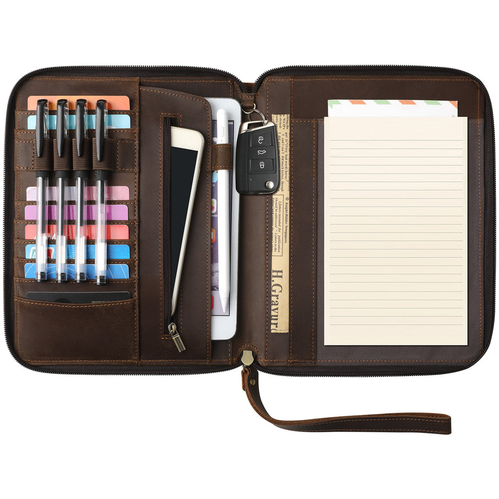 Genuine Leather Portfolio with Zipper, Padfolio Portfolio Organizer Folder for Men Women, Professional Business Card Holder for A5 Letter Size Notepad, Resume, Writing Pad, Pen Loop
