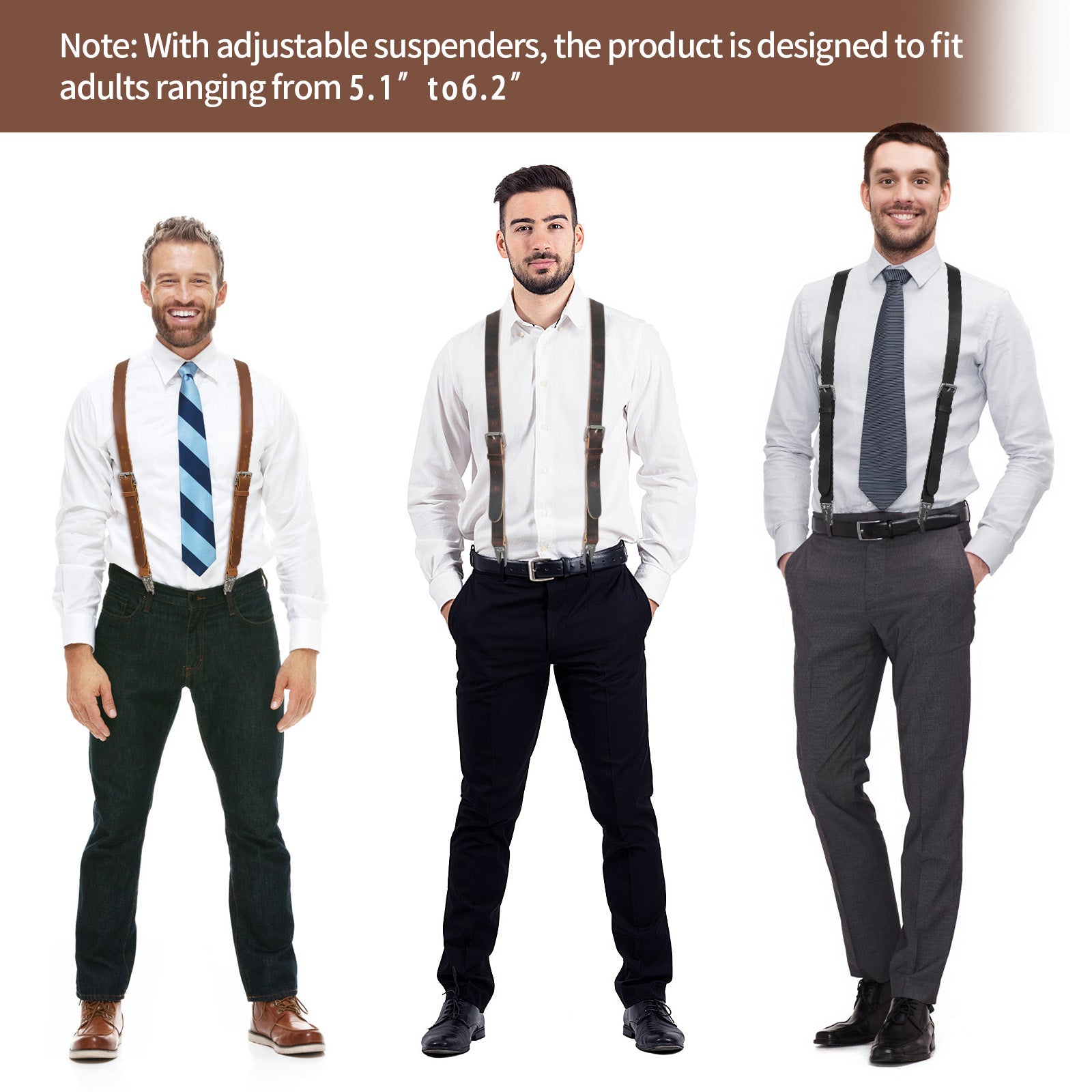 Genuine Leather X-Shaped Suspenders for Men, Solid 1 Inch Adjustable Heavy Duty Suspenders with Sturdy Clips