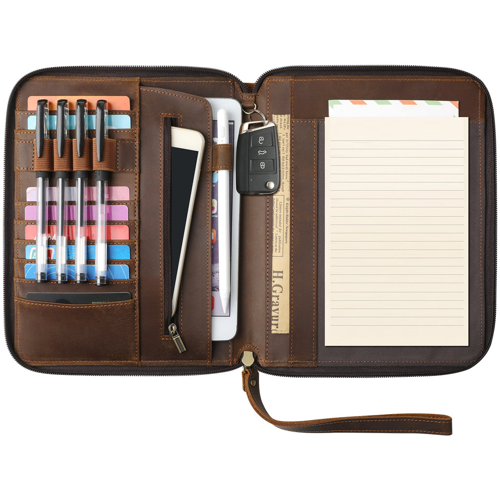 Genuine Leather Portfolio with Zipper, Padfolio Portfolio Organizer Folder for Men Women, Professional Business Card Holder for A5 Letter Size Notepad, Resume, Writing Pad, Pen Loop