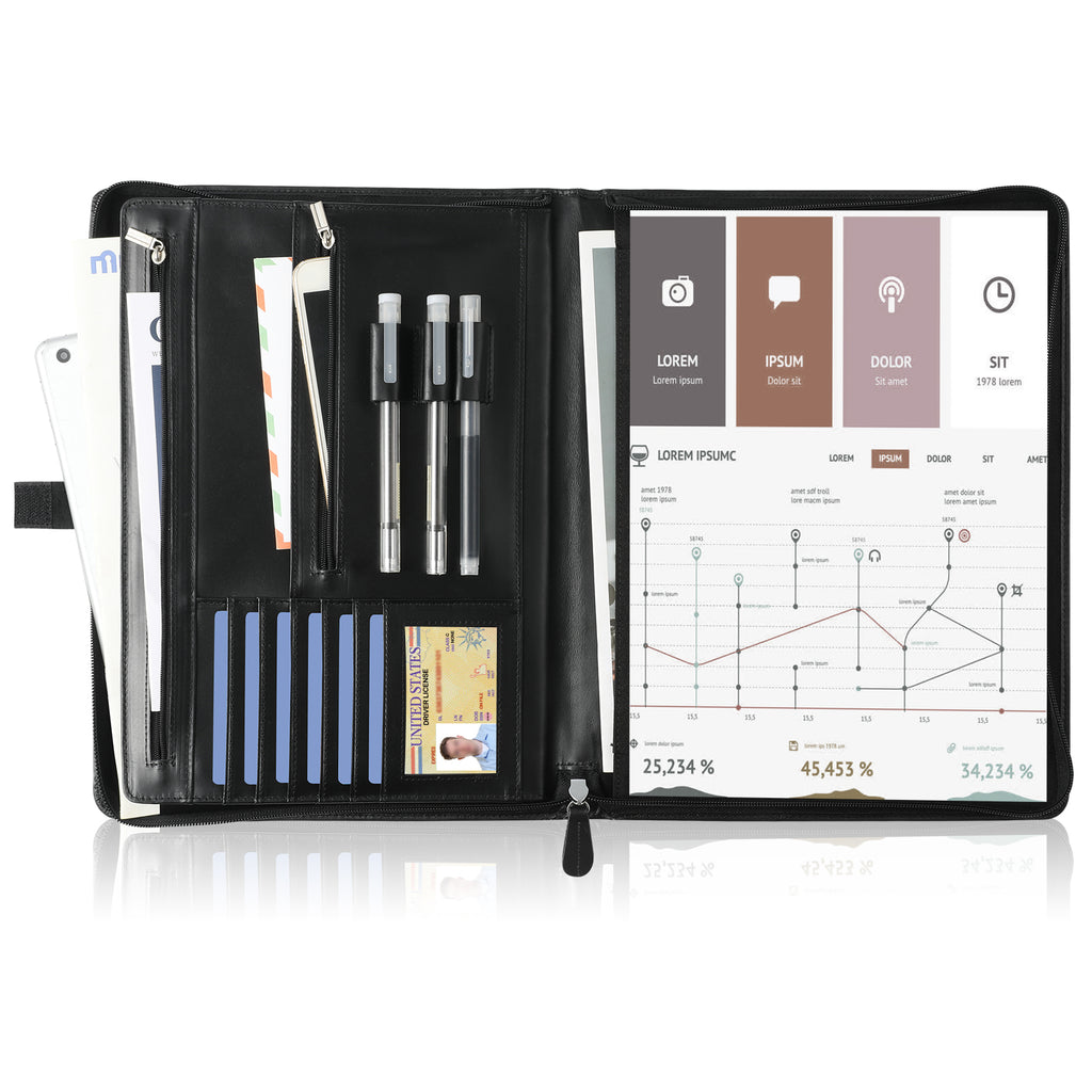 Leather Portfolio Organizer with Zipper for Men Women, Leather Padfolio Business Resume Legal Pad Portfolio Notebook Binder for A4/Pad