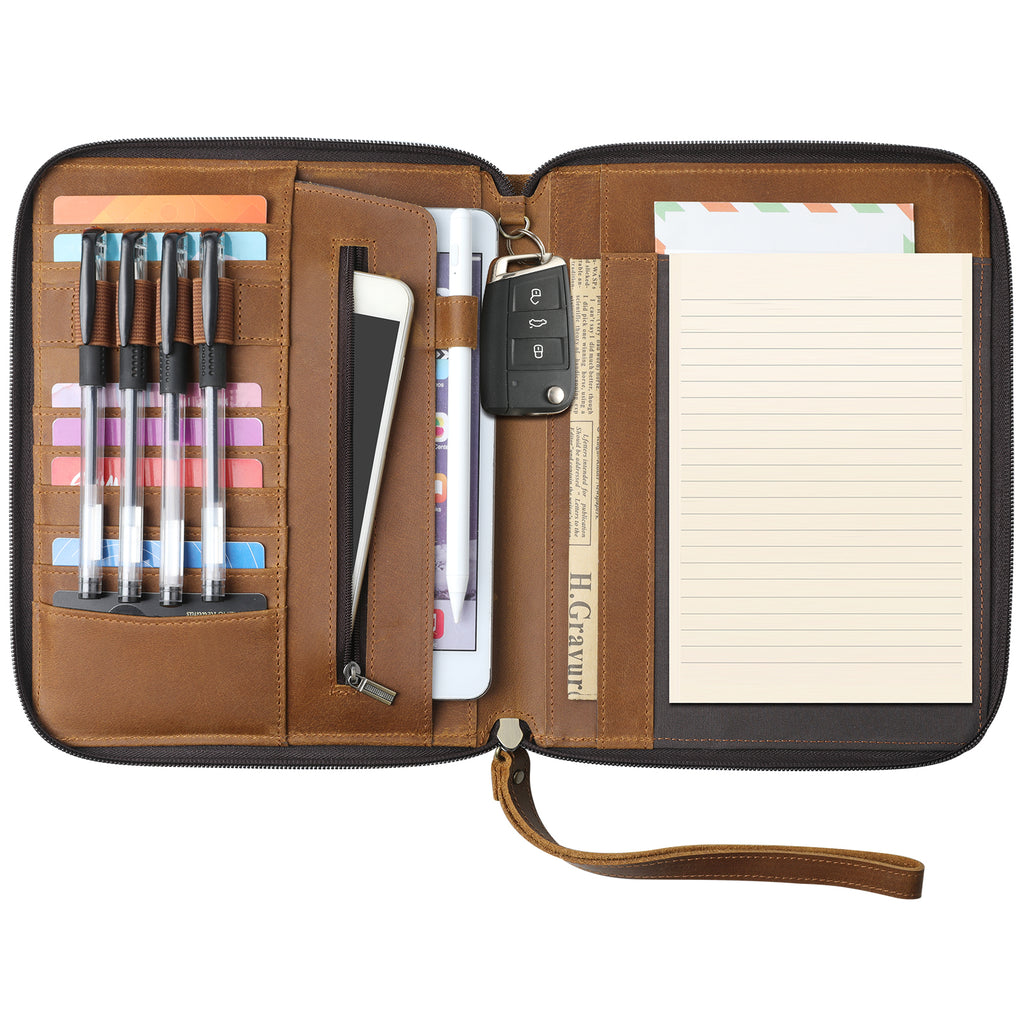 Genuine Leather Portfolio with Zipper, Padfolio Portfolio Organizer Folder for Men Women, Professional Business Card Holder for A5 Letter Size Notepad, Resume, Writing Pad, Pen Loop