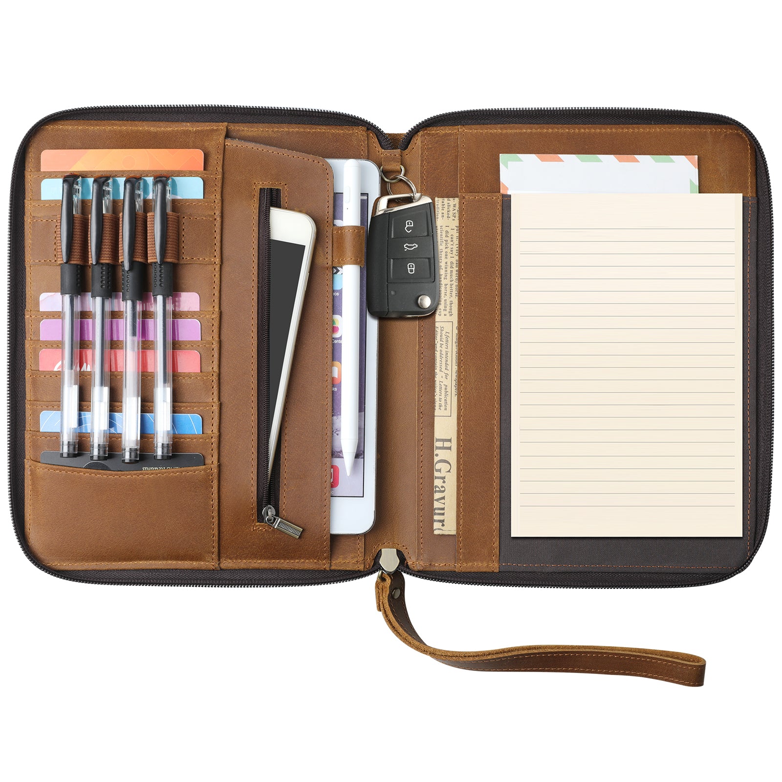 Genuine Leather Portfolio with Zipper, Padfolio Portfolio Organizer Folder for Men Women, Professional Business Card Holder for A5 Letter Size Notepad, Resume, Writing Pad, Pen Loop