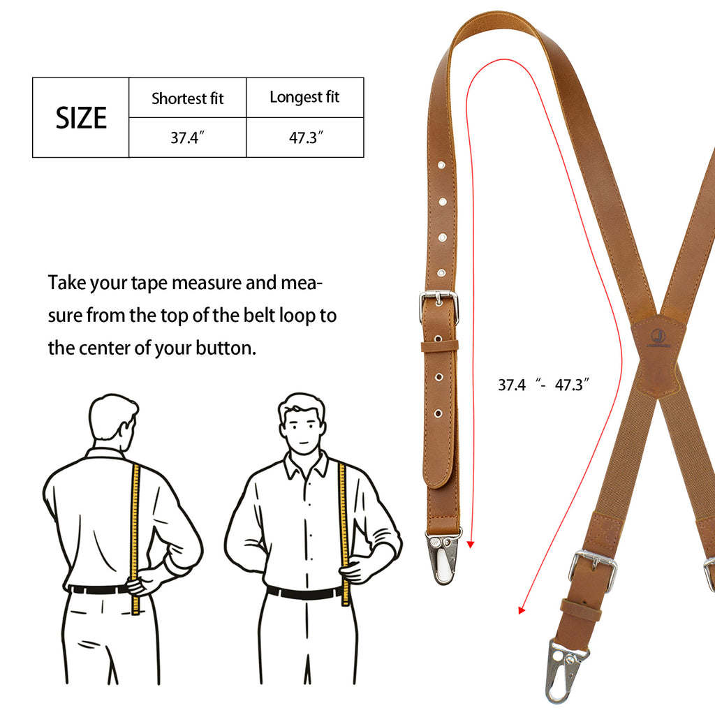 Genuine Leather X-Shaped Suspenders for Men, Solid 1 Inch Adjustable Heavy Duty Suspenders with Sturdy Clips