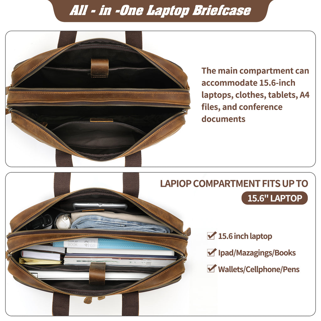 Full Grain Leather Briefcase for Men, Business Messenger Bag Laptop Bag Attache Case, Fits 15.6 Inch Laptop