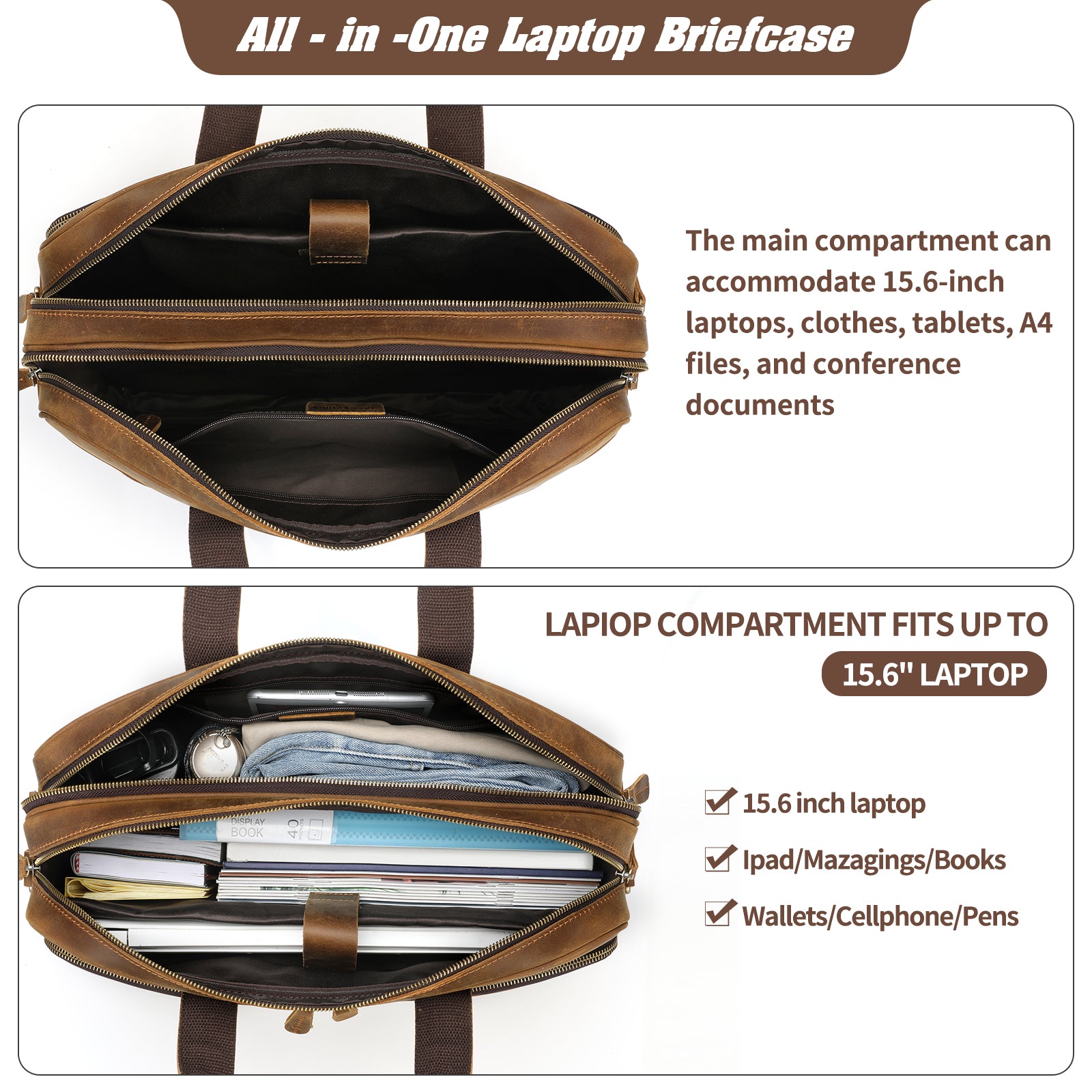 Full Grain Leather Briefcase for Men, Business Messenger Bag Laptop Bag Attache Case, Fits 15.6 Inch Laptop