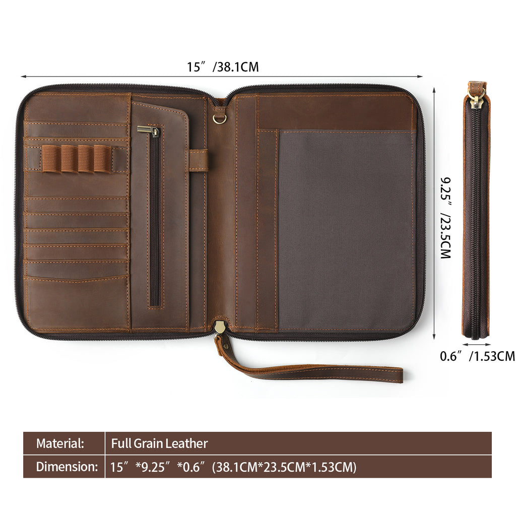 Genuine Leather Portfolio with Zipper, Padfolio Portfolio Organizer Folder for Men Women, Professional Business Card Holder for A5 Letter Size Notepad, Resume, Writing Pad, Pen Loop
