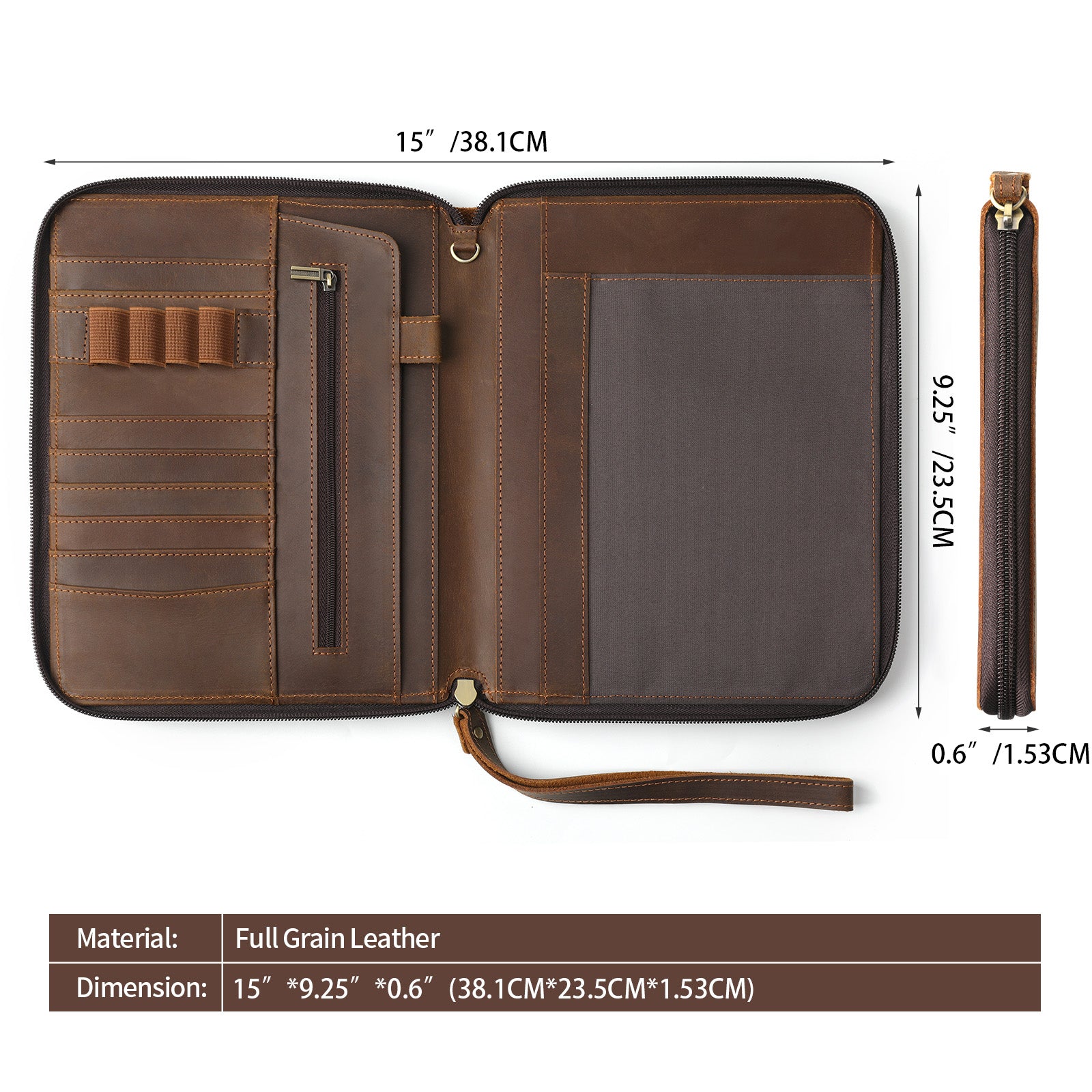Genuine Leather Portfolio with Zipper, Padfolio Portfolio Organizer Folder for Men Women, Professional Business Card Holder for A5 Letter Size Notepad, Resume, Writing Pad, Pen Loop