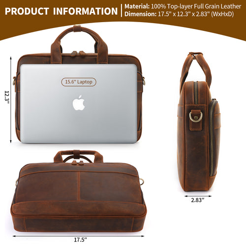 Full Grain Leather Briefcase for Men, Business Messenger Bag Laptop Bag Attache Case, Fits 15.6 Inch Laptop