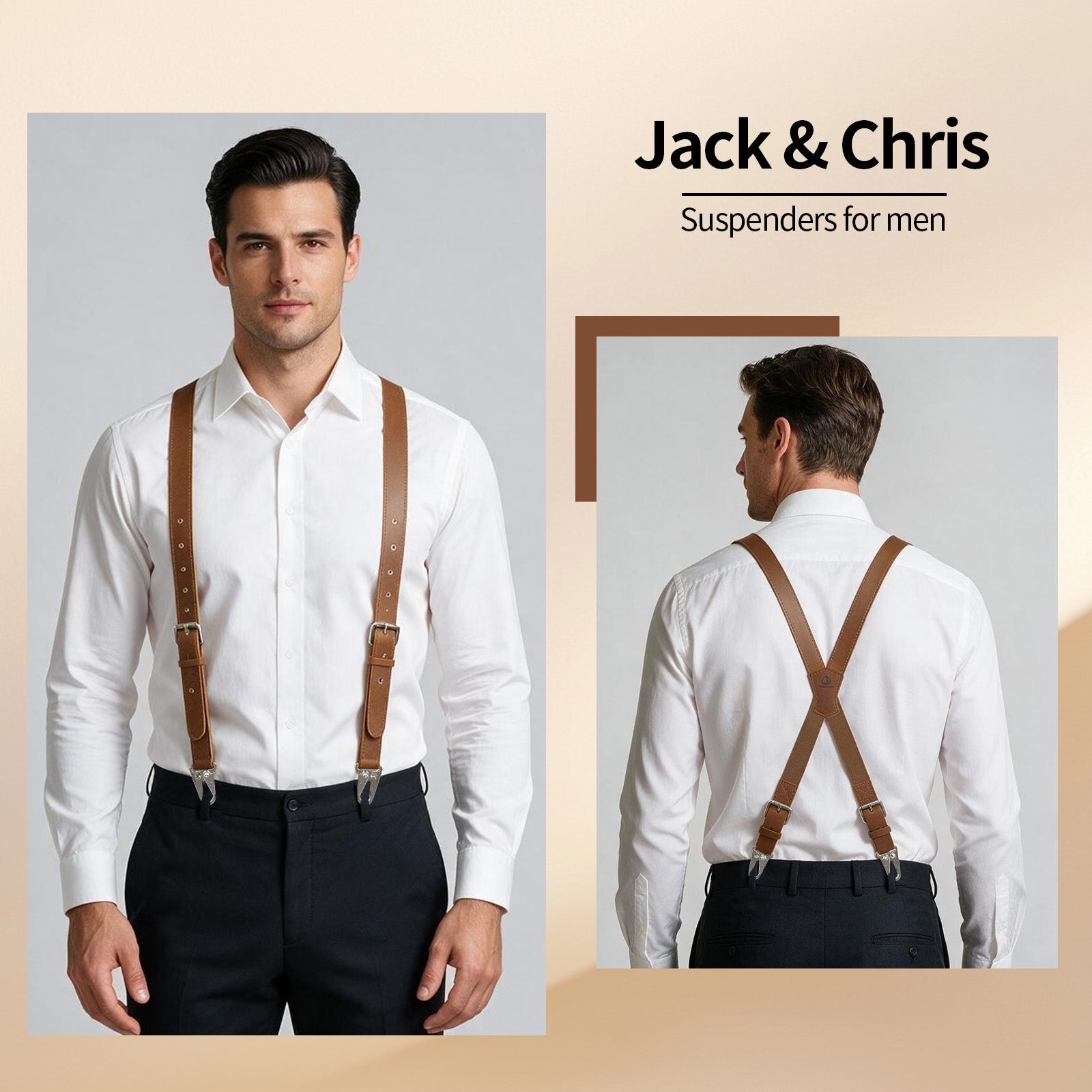 Genuine Leather X-Shaped Suspenders for Men, Solid 1 Inch Adjustable Heavy Duty Suspenders with Sturdy Clips