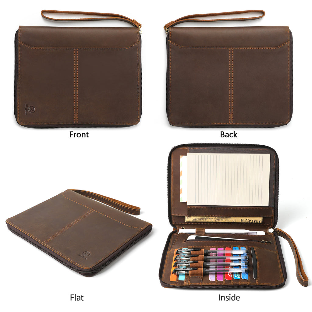 Genuine Leather Portfolio with Zipper, Padfolio Portfolio Organizer Folder for Men Women, Professional Business Card Holder for A5 Letter Size Notepad, Resume, Writing Pad, Pen Loop