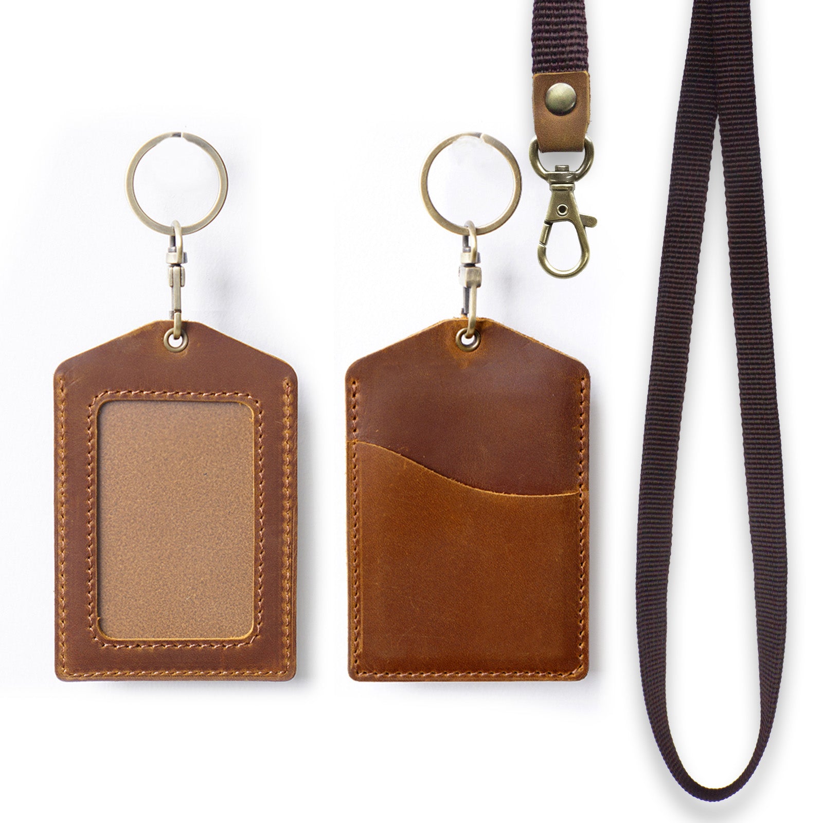 Genuine Leather Badge Holder, Detachable Keychain Lanyards for ID Badges for Easy Access, Vertical ID Badge Holder for Nurse Officer Teacher Security Staff Women Men