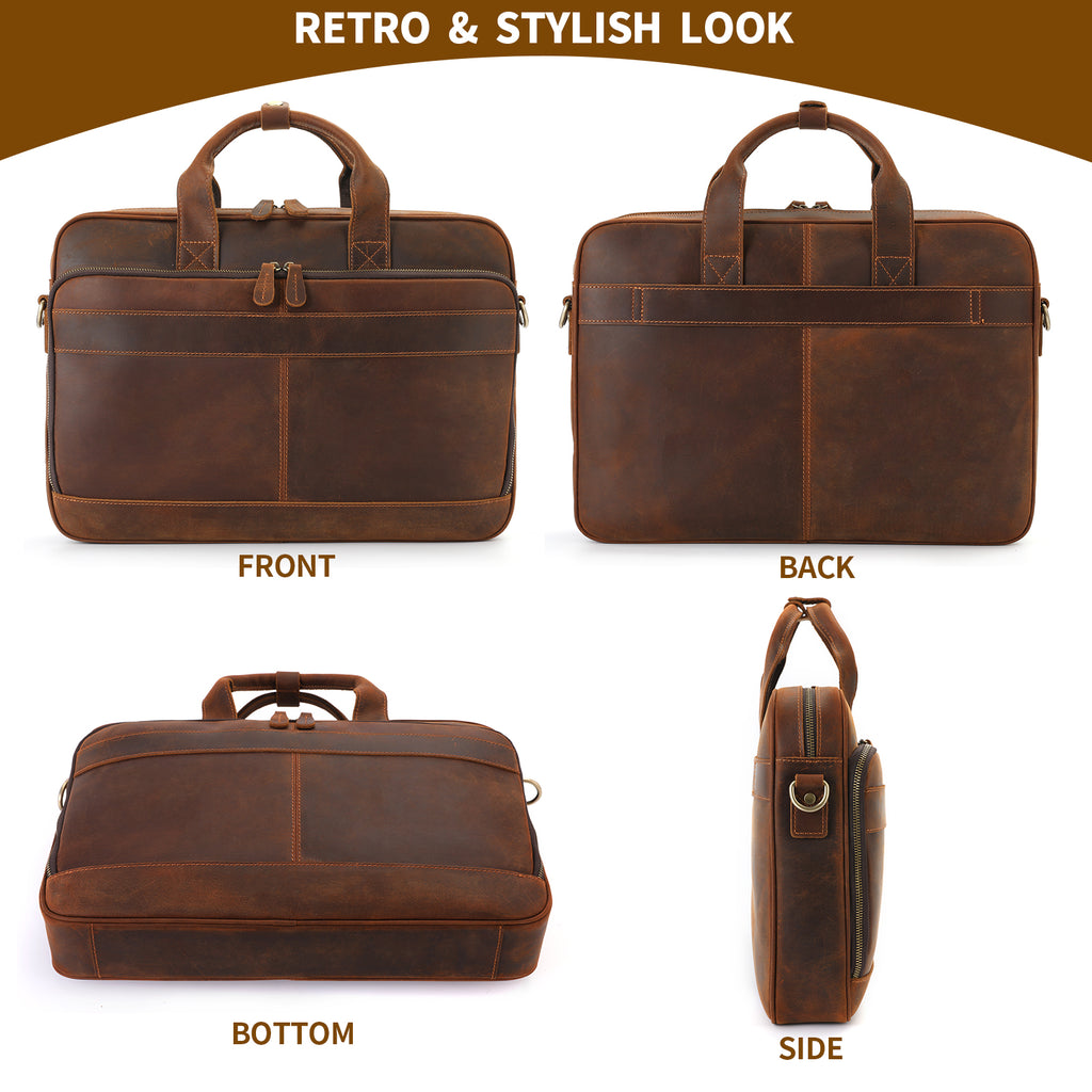 Full Grain Leather Briefcase for Men, Business Messenger Bag Laptop Bag Attache Case, Fits 15.6 Inch Laptop