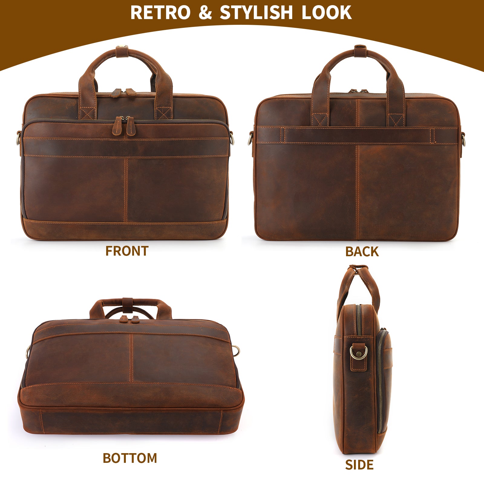 Full Grain Leather Briefcase for Men, Business Messenger Bag Laptop Bag Attache Case, Fits 15.6 Inch Laptop