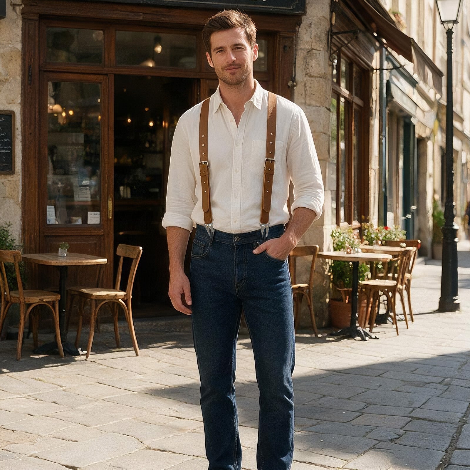 Genuine Leather X-Shaped Suspenders for Men, Solid 1 Inch Adjustable Heavy Duty Suspenders with Sturdy Clips