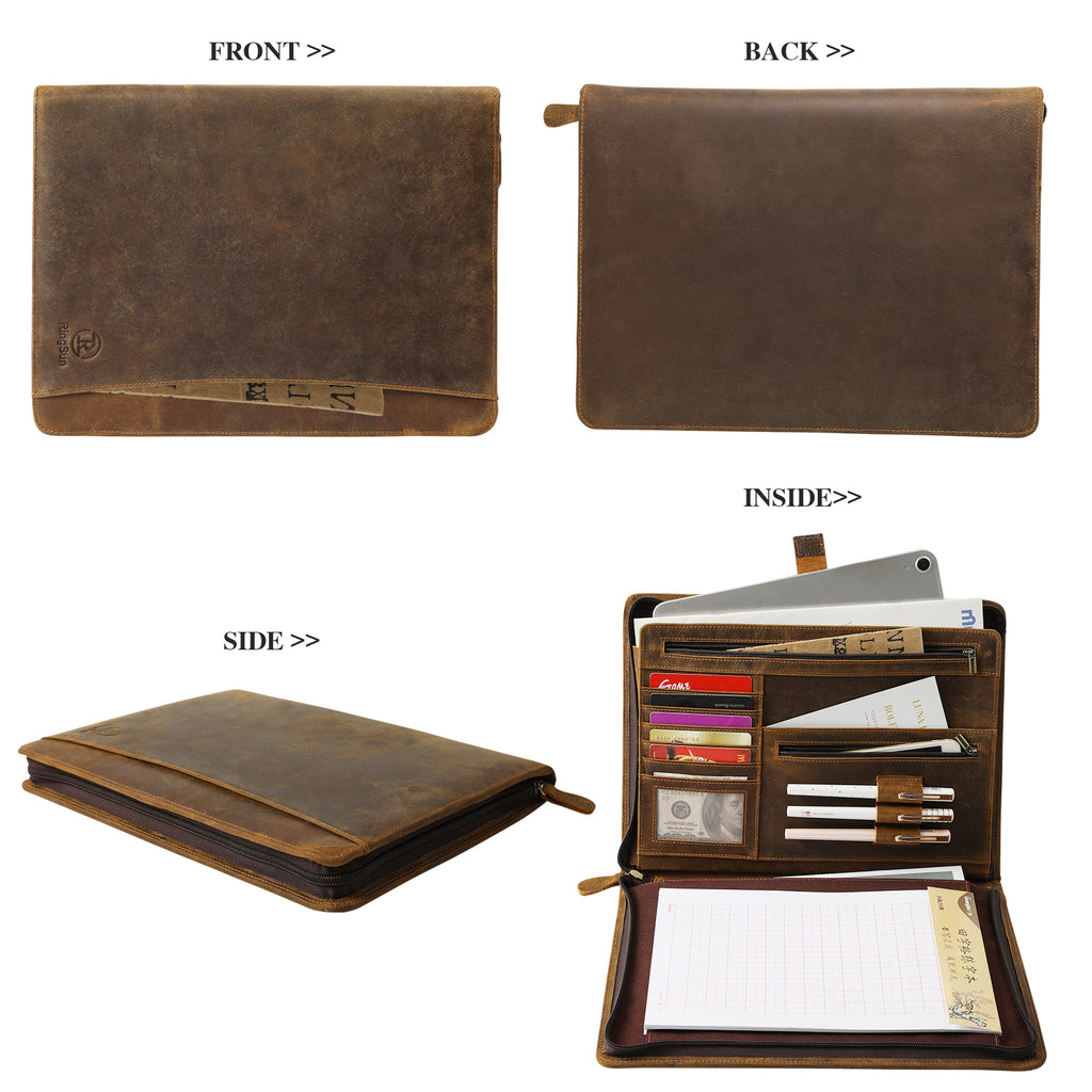 Leather Portfolio Organizer with Zipper for Men Women, Leather Padfolio Business Resume Legal Pad Portfolio Notebook Binder for A4/Pad