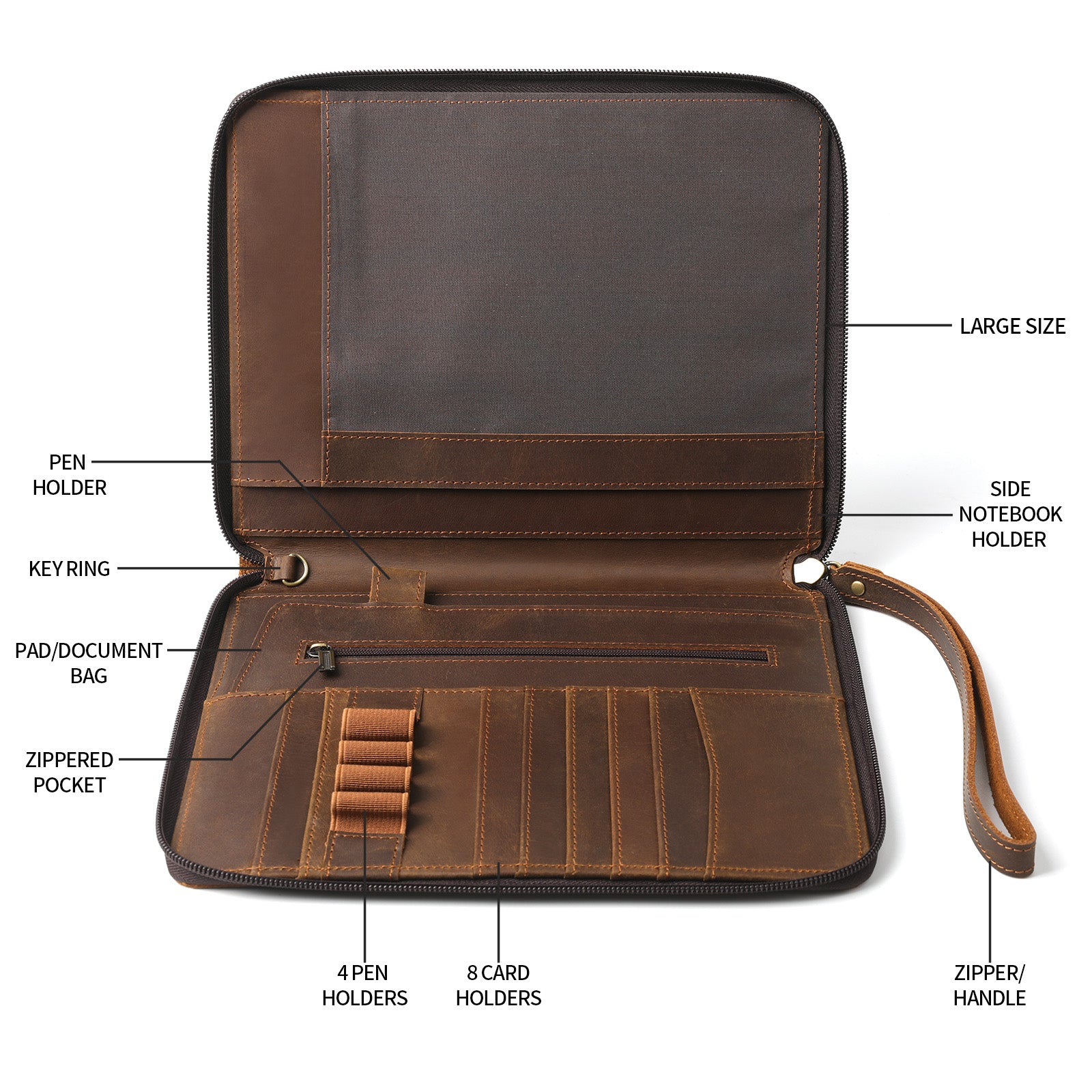 Genuine Leather Portfolio with Zipper, Padfolio Portfolio Organizer Folder for Men Women, Professional Business Card Holder for A5 Letter Size Notepad, Resume, Writing Pad, Pen Loop
