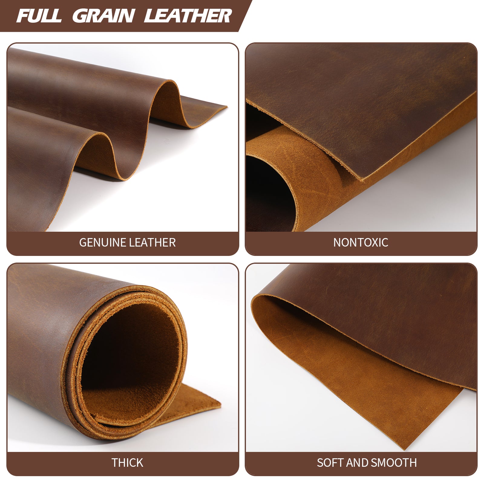 Genuine Leather Sheets for Crafts Full Grain Leather Tooling Leather (2mm) Thick Cowhide Leather Pieces Square, Dark Brown