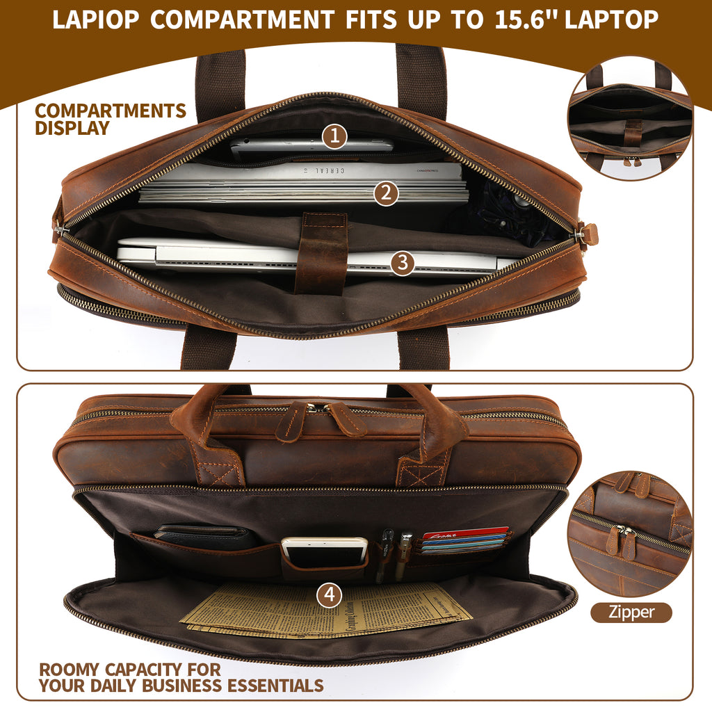 Full Grain Leather Briefcase for Men, Business Messenger Bag Laptop Bag Attache Case, Fits 15.6 Inch Laptop