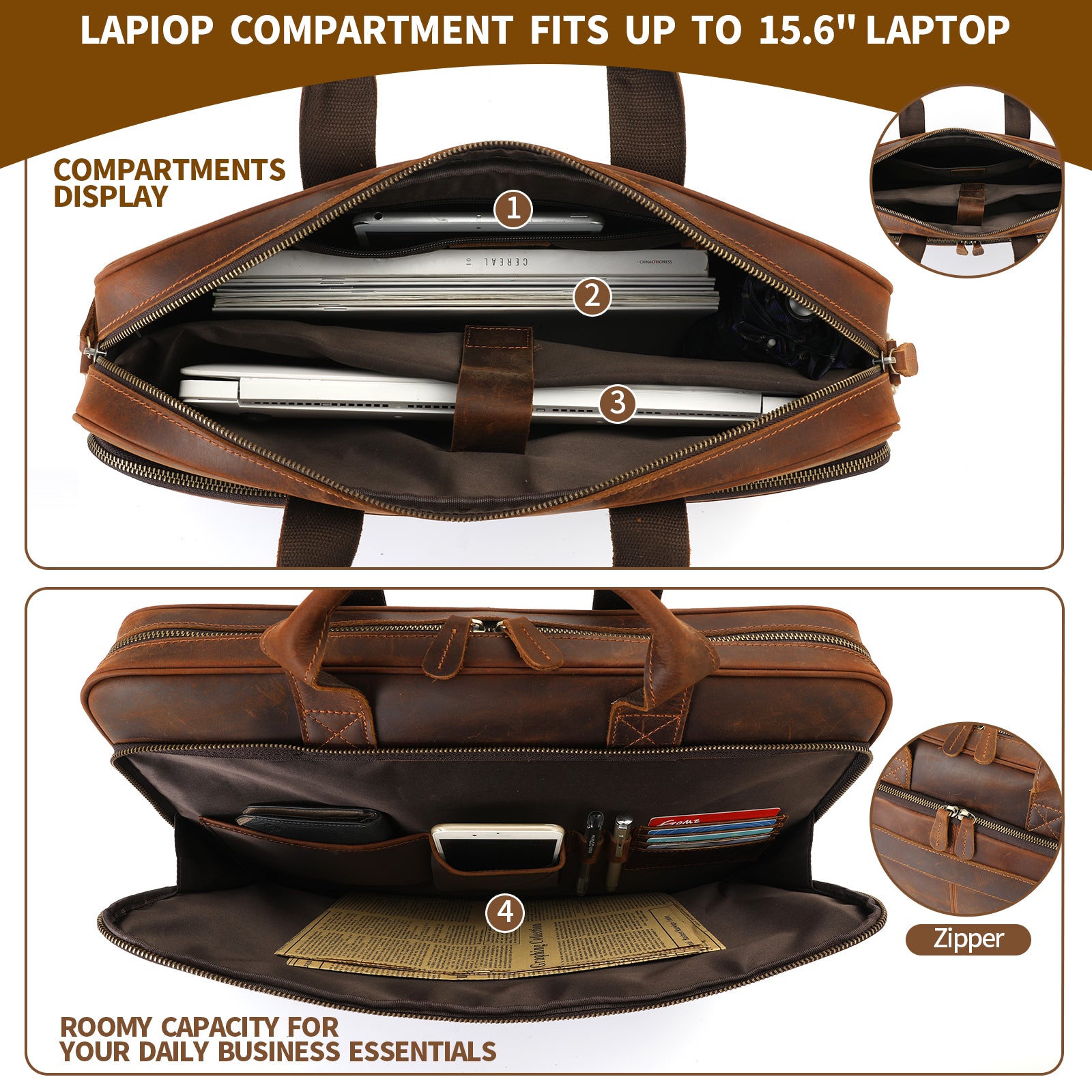 Full Grain Leather Briefcase for Men, Business Messenger Bag Laptop Bag Attache Case, Fits 15.6 Inch Laptop