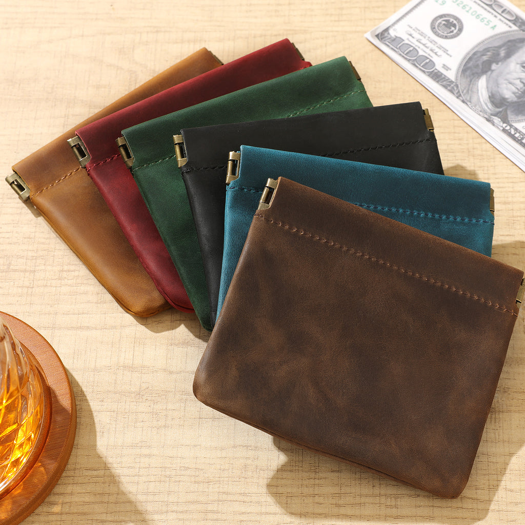 Mini Coin Purse, Genuine Leather Small Coin Wallet, Leather Squeeze Coin Purse Pouch Change Holder For Men & Women