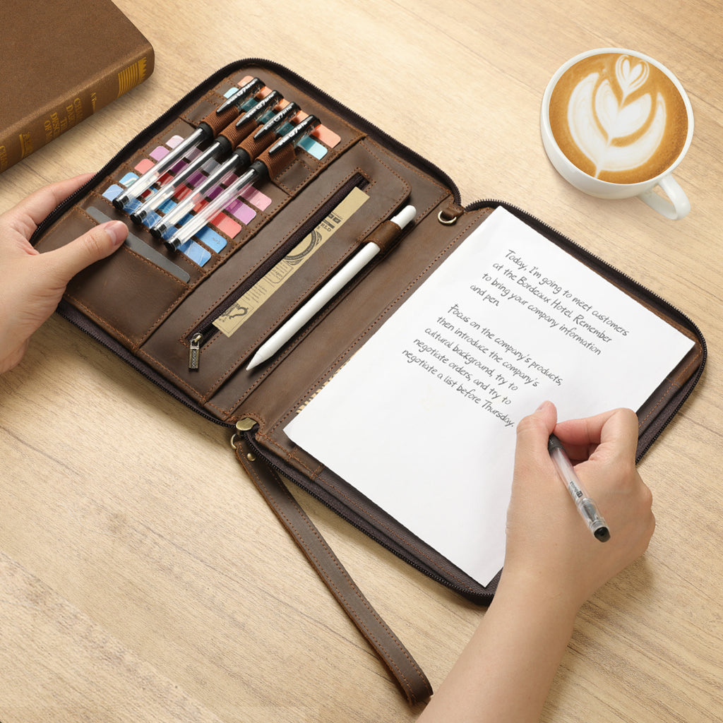 Genuine Leather Portfolio with Zipper, Padfolio Portfolio Organizer Folder for Men Women, Professional Business Card Holder for A5 Letter Size Notepad, Resume, Writing Pad, Pen Loop