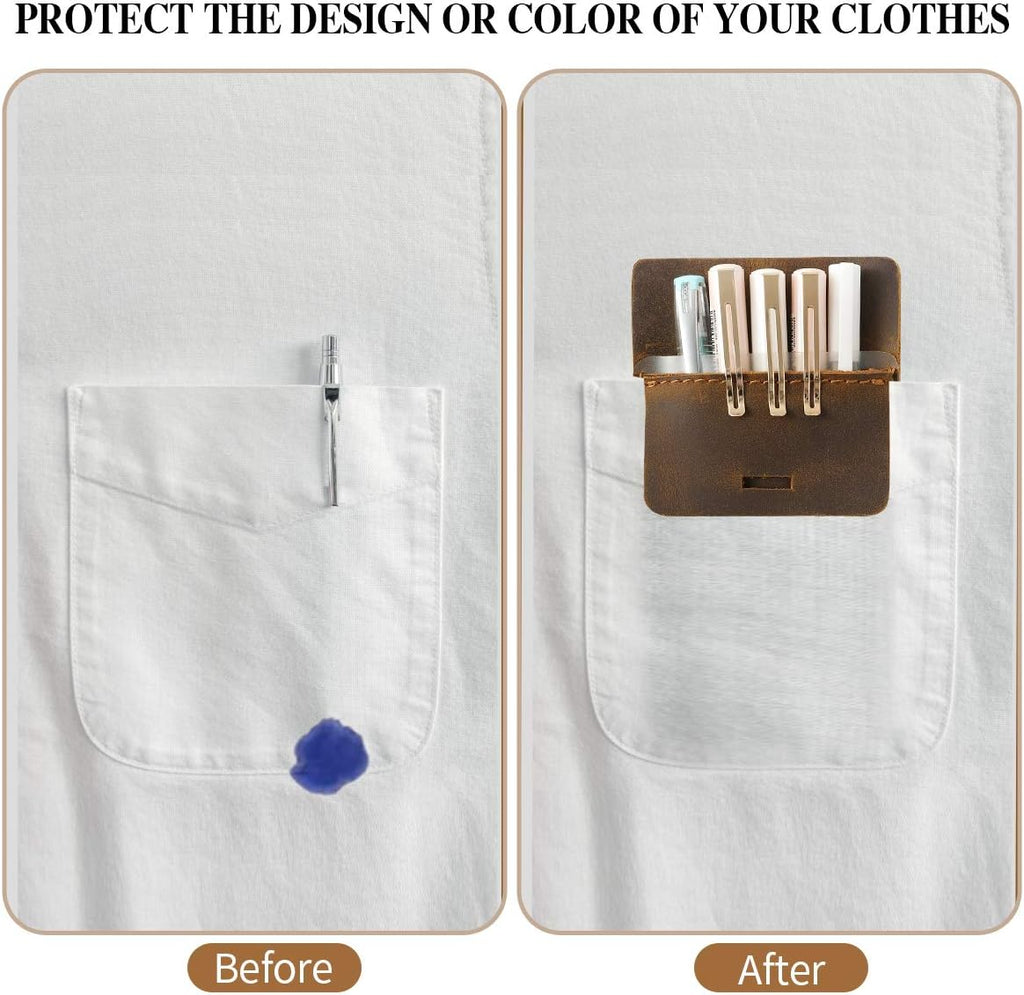 Men's Pocket Protector - Full Grain Leather - Heavy Duty Pen Holder for Shirts, Lab Coats - Holds 6 Pens & Pointers & Cards