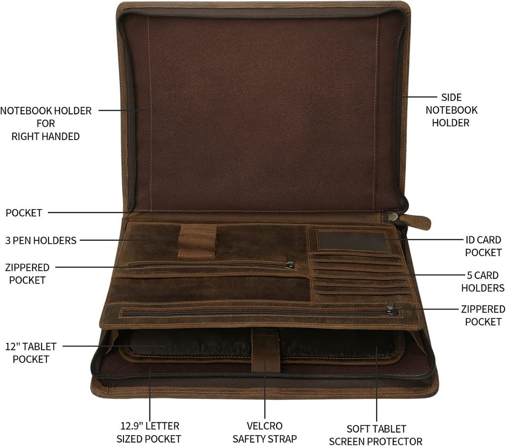Leather Portfolio Organizer with Zipper for Men Women, Leather Padfolio Business Resume Legal Pad Portfolio Notebook Binder for A4/Pad