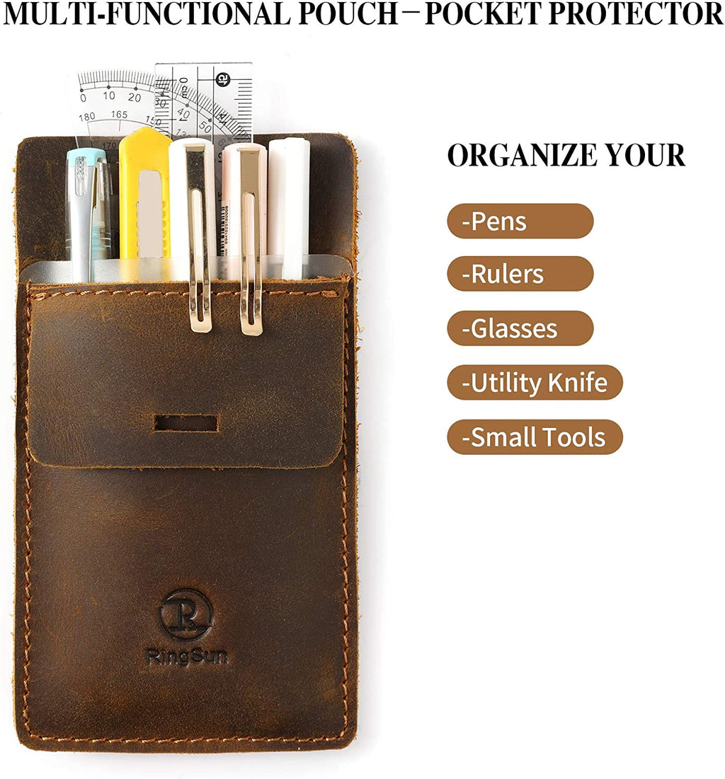 Men's Pocket Protector - Full Grain Leather - Heavy Duty Pen Holder for Shirts, Lab Coats - Holds 6 Pens & Pointers & Cards