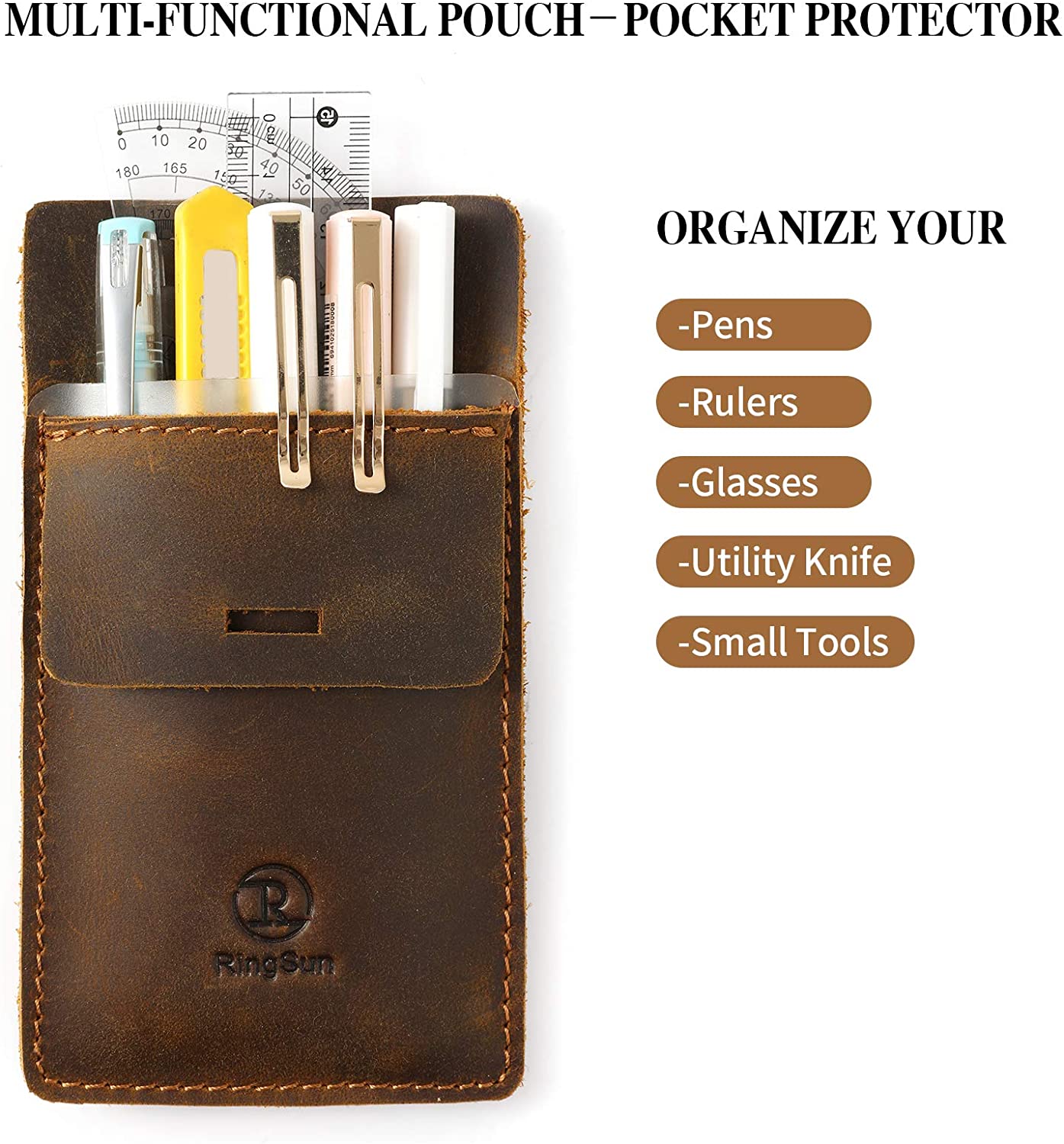 Men's Pocket Protector - Full Grain Leather - Heavy Duty Pen Holder for Shirts, Lab Coats - Holds 6 Pens & Pointers & Cards