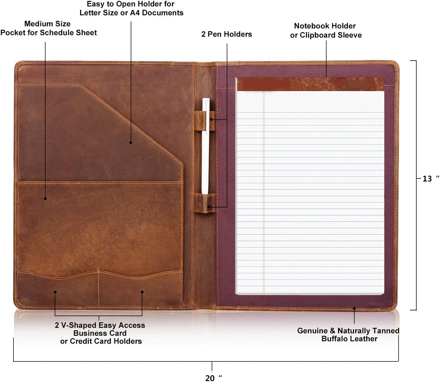 Leather Portfolio, A4 Document Folder Legal Pad Padfolio, Professional Writing Letter Notepad Clipboard Sleeve Organizer, Resume Folio Binder for Men&Women