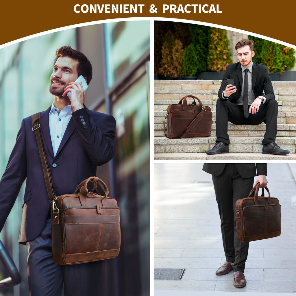 Full Grain Leather Briefcase for Men, Business Messenger Bag Laptop Bag Attache Case, Fits 15.6 Inch Laptop