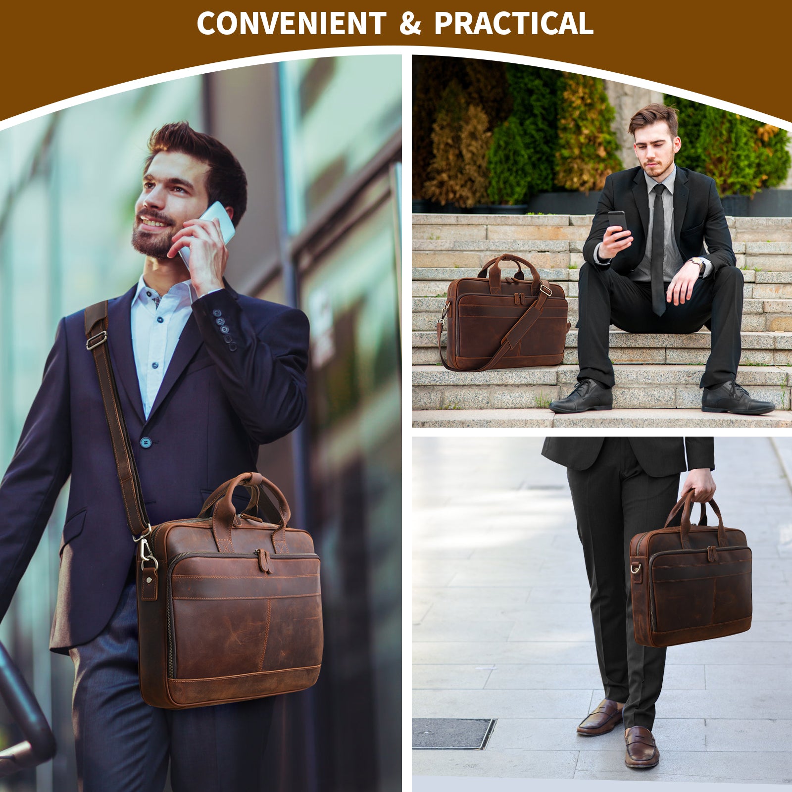 Full Grain Leather Briefcase for Men, Business Messenger Bag Laptop Bag Attache Case, Fits 15.6 Inch Laptop