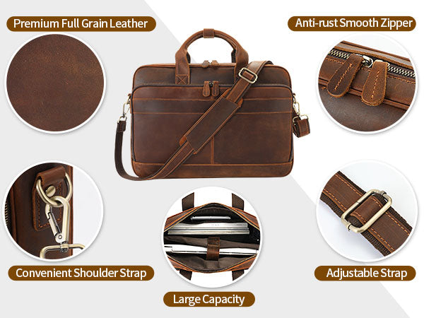 Full Grain Leather Briefcase for Men, Business Messenger Bag Laptop Bag Attache Case, Fits 15.6 Inch Laptop