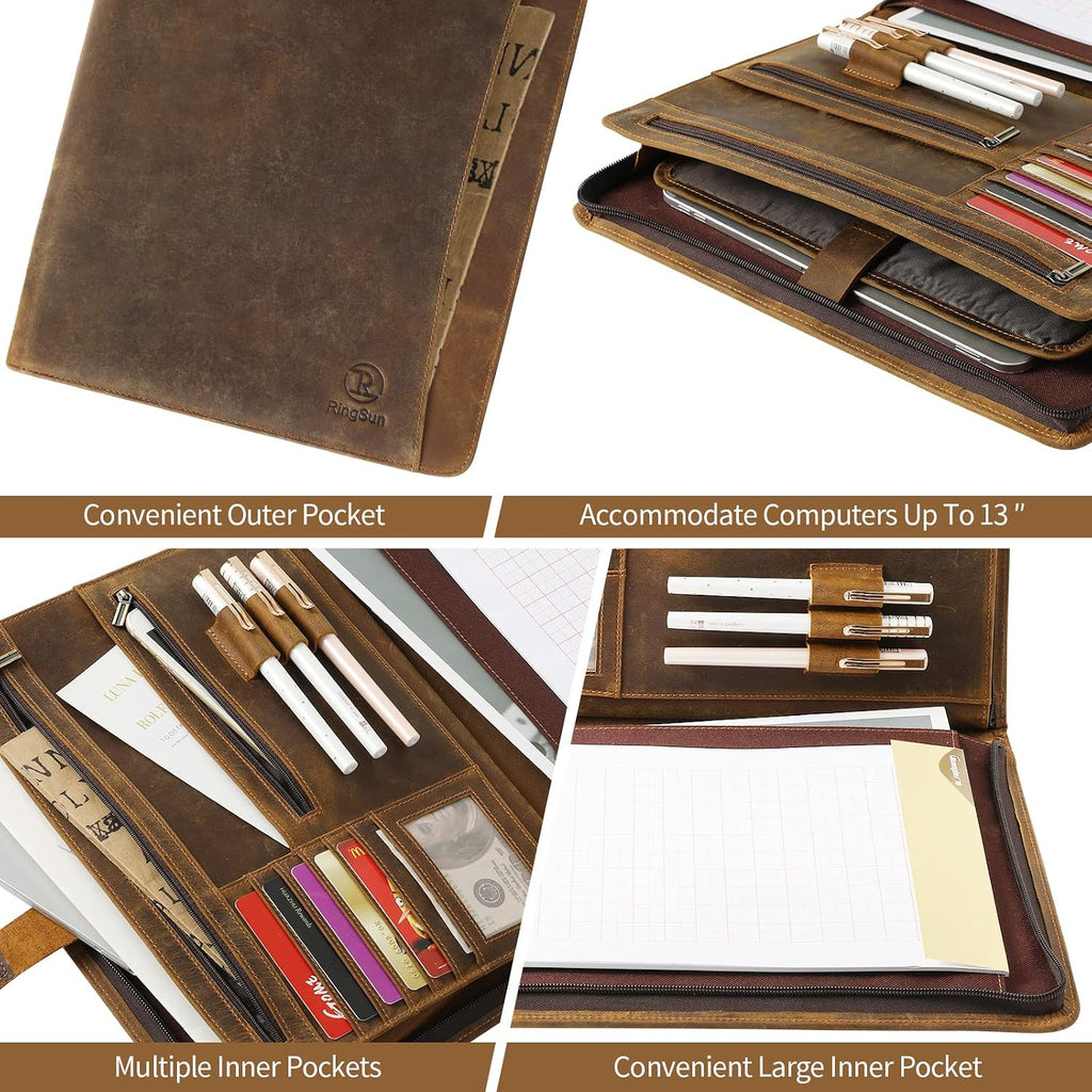 Leather Portfolio Organizer with Zipper for Men Women, Leather Padfolio Business Resume Legal Pad Portfolio Notebook Binder for A4/Pad