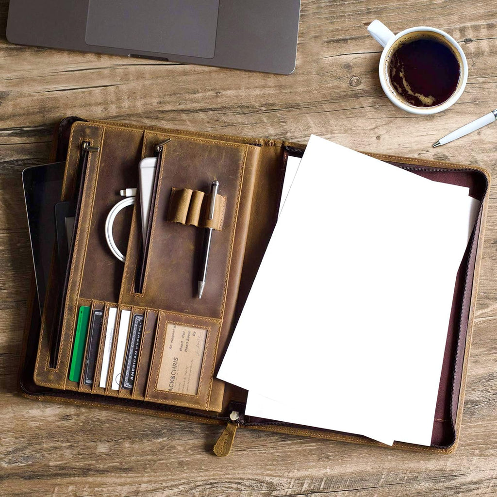 Leather Portfolio Organizer with Zipper for Men Women, Leather Padfolio Business Resume Legal Pad Portfolio Notebook Binder for A4/Pad