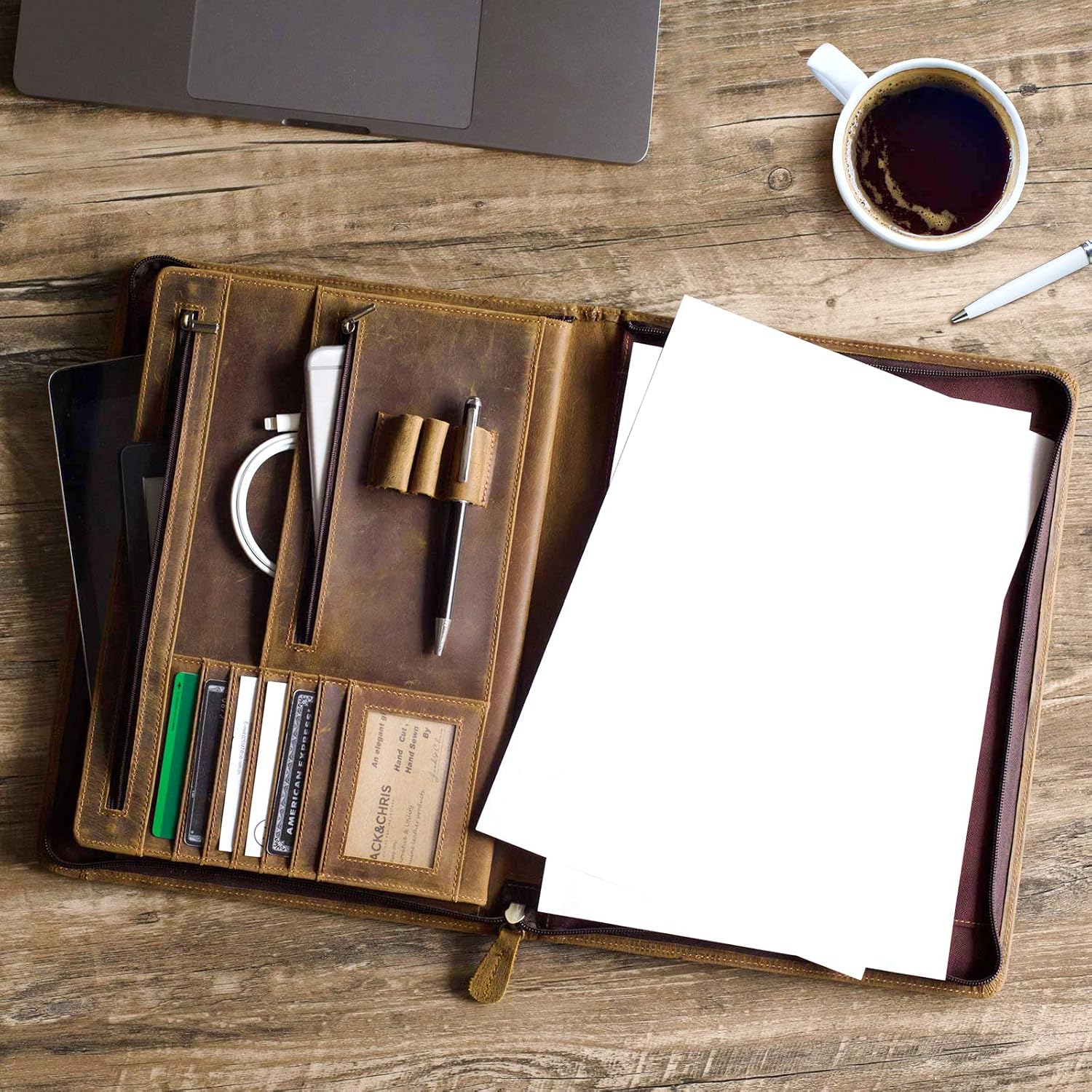 Leather Portfolio Organizer with Zipper for Men Women, Leather Padfolio Business Resume Legal Pad Portfolio Notebook Binder for A4/Pad