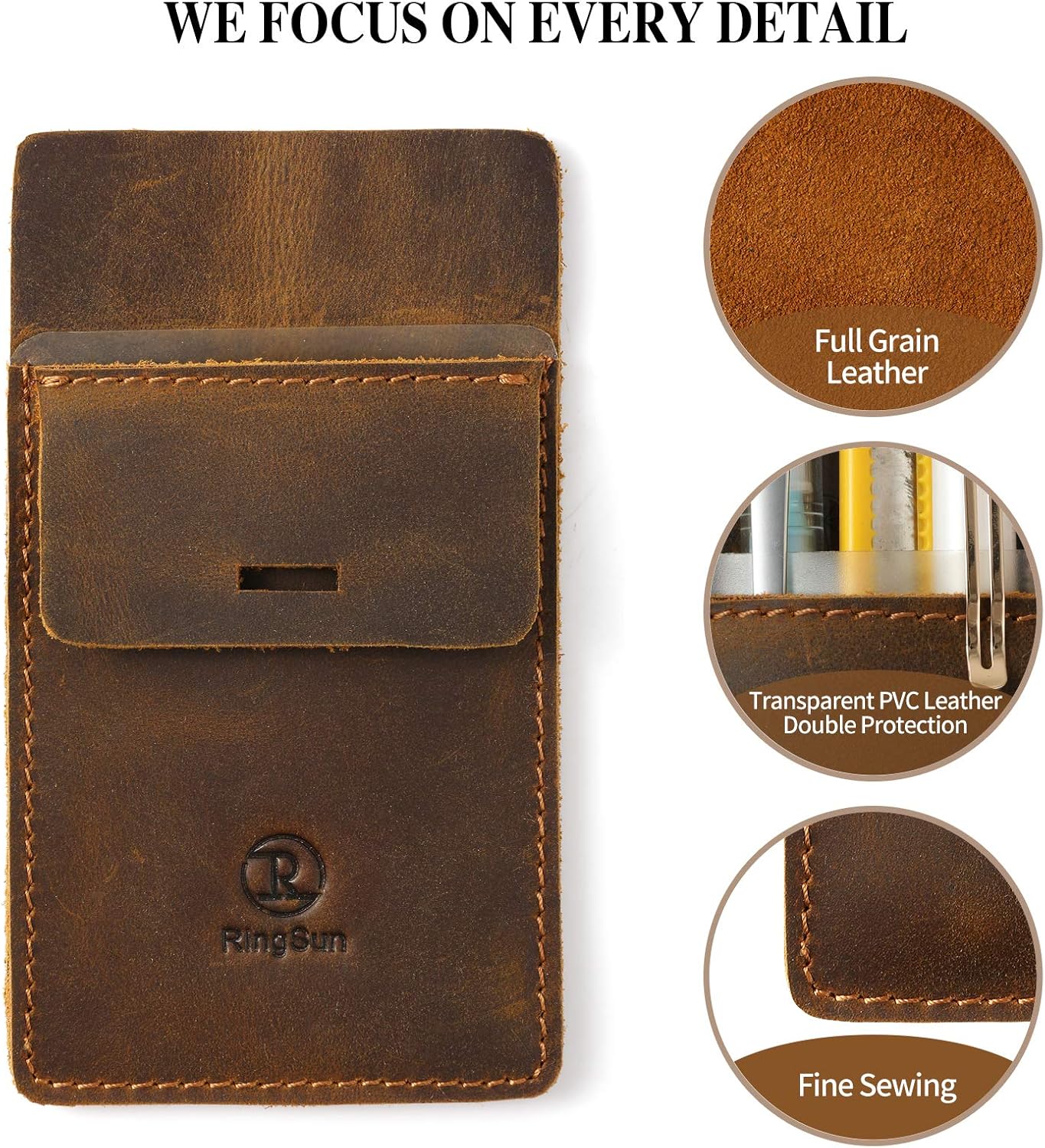 Men's Pocket Protector - Full Grain Leather - Heavy Duty Pen Holder for Shirts, Lab Coats - Holds 6 Pens & Pointers & Cards