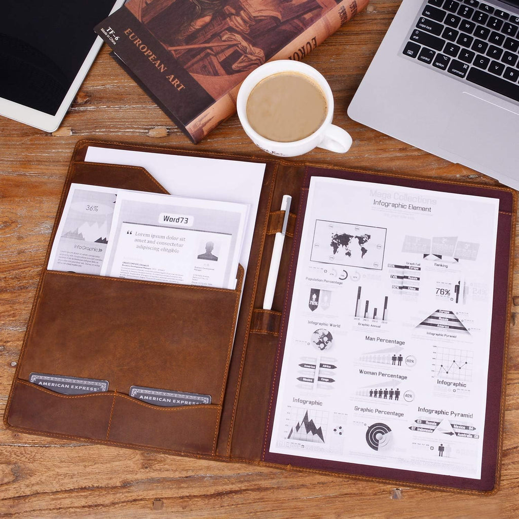 Leather Portfolio, A4 Document Folder Legal Pad Padfolio, Professional Writing Letter Notepad Clipboard Sleeve Organizer, Resume Folio Binder for Men&Women