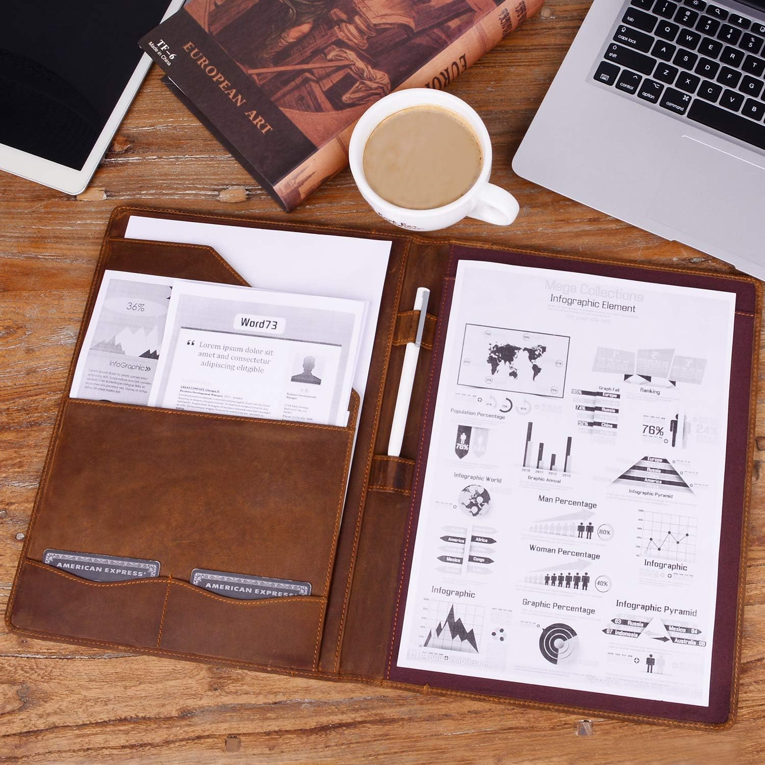 Leather Portfolio, A4 Document Folder Legal Pad Padfolio, Professional Writing Letter Notepad Clipboard Sleeve Organizer, Resume Folio Binder for Men&Women