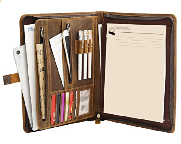 Leather Portfolio Organizer with Zipper for Men Women, Leather Padfolio Business Resume Legal Pad Portfolio Notebook Binder for A4/Pad