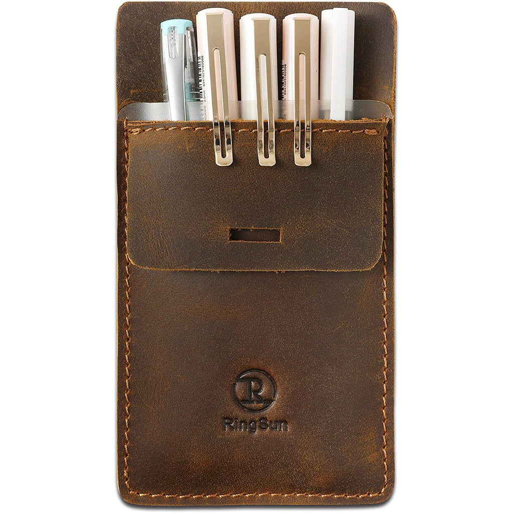 Men's Pocket Protector - Full Grain Leather - Heavy Duty Pen Holder for Shirts, Lab Coats - Holds 6 Pens & Pointers & Cards