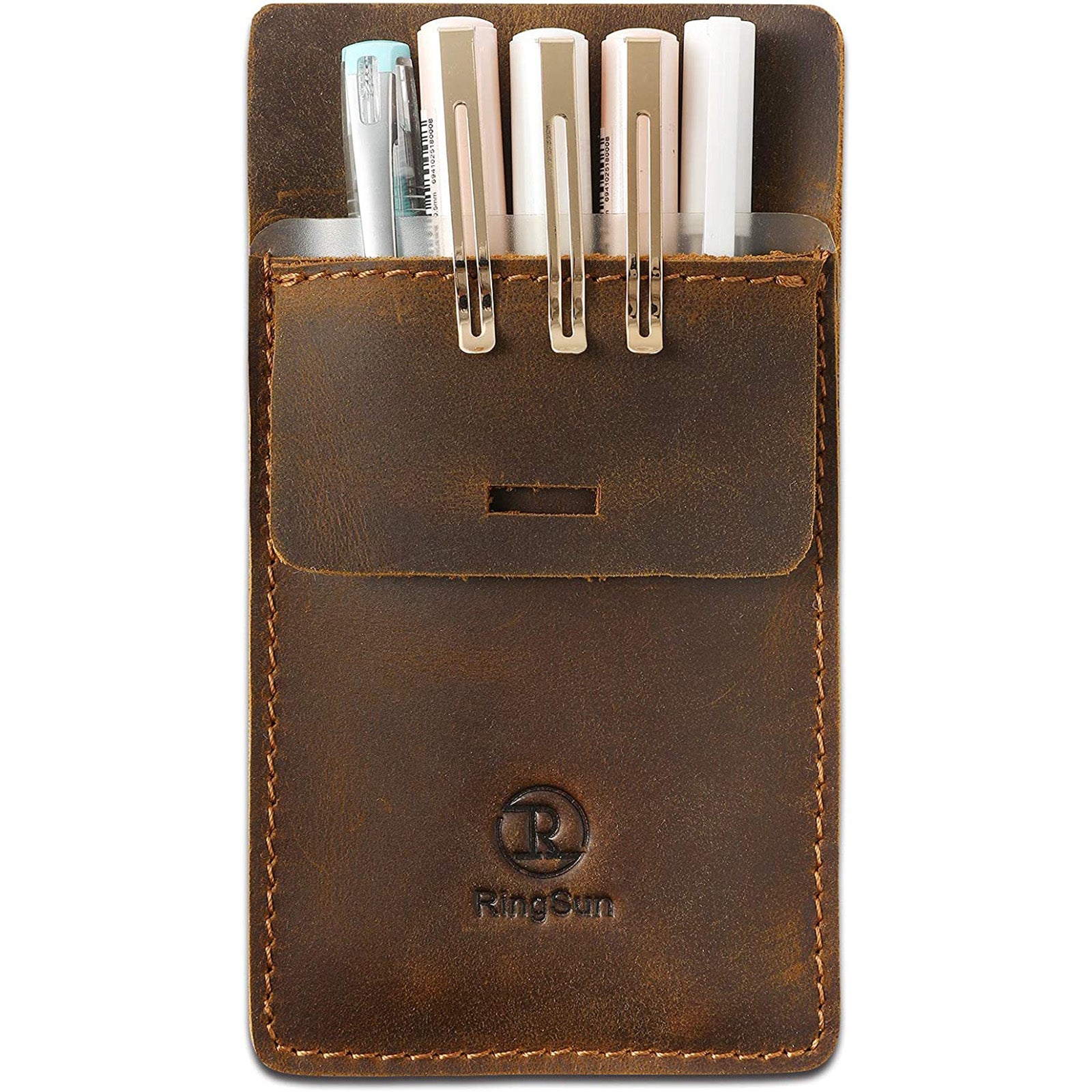 Men's Pocket Protector - Full Grain Leather - Heavy Duty Pen Holder for Shirts, Lab Coats - Holds 6 Pens & Pointers & Cards