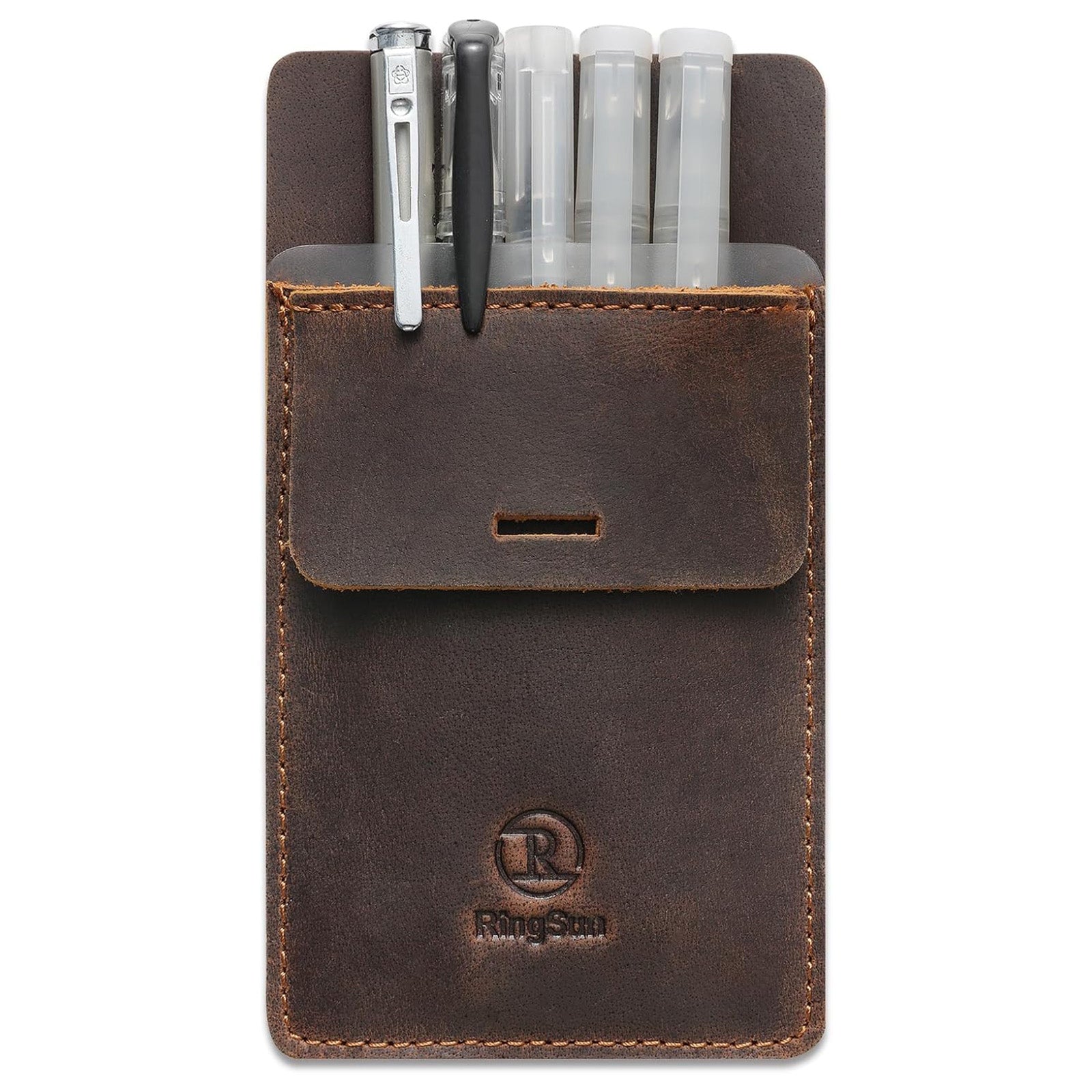 Men's Pocket Protector - Full Grain Leather - Heavy Duty Pen Holder for Shirts, Lab Coats - Holds 6 Pens & Pointers & Cards