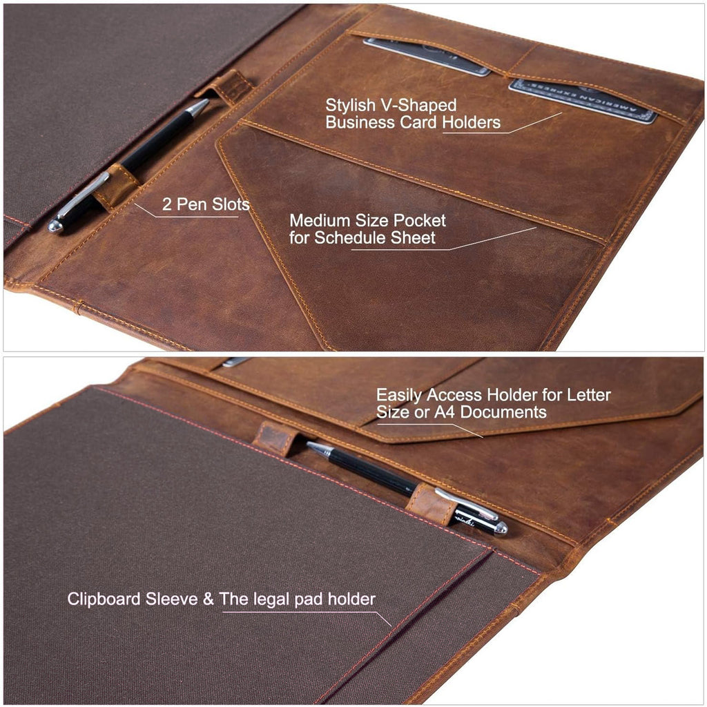 Leather Portfolio, A4 Document Folder Legal Pad Padfolio, Professional Writing Letter Notepad Clipboard Sleeve Organizer, Resume Folio Binder for Men&Women